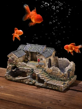 Украшение аквариума из китайской смолы, Водонепроницаемая, Ностальгическая, ручная роспись, Креативный аквариум с травой, Микро-пейзаж, модель Древнего здания