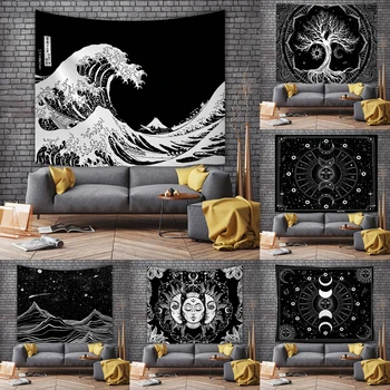 Черно-Белое Солнце, Великая Волна, Гобелен, Мистическое Древо Жизни, Тканевый фон, Подвесной диван, украшение в стиле хиппи в богемном стиле