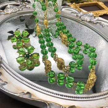 Винтажное длинное ожерелье с зеленой глазурью, цепочка для свитера