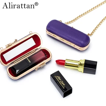 Alirattan Мини-сумка для губной помады с цепочкой по диагонали, портативная косметичка с зеркалом, коробка для губной помады из овчины, коробка для губной помады