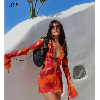 LISM 2023, сексуальное прозрачное платье с V-образным вырезом и оборками для пляжной вечеринки, мини-клубные вечерние платья с длинными рукавами, Шифоновый наряд на заказ