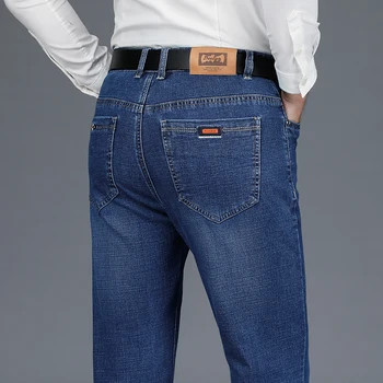 Классические мужские синие деловые прямые джинсы, осенние новые стрейчевые повседневные офисные джинсовые брюки, мужские брендовые узкие брюки