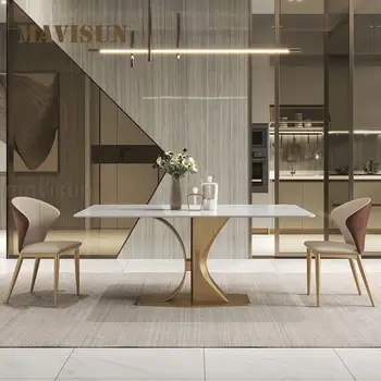Обеденный стол из белого глянцевого сланца с подсветкой, роскошный современный минималистичный дизайнерский креативный прямоугольный стол и стул высокого класса