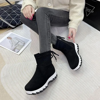 Замшевые современные ботинки до середины икры на плоской подошве 2023 года, модная женская обувь на шнуровке, зимние однотонные женские ботинки с круглым носком, Botas De Mujer