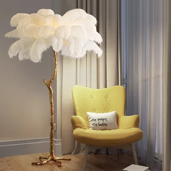 Роскошный торшер в скандинавском стиле для гостиной, Угловой диван в спальне, современный светодиодный торшер из страусиных перьев в помещении, декор комнаты