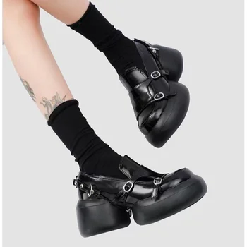Черные лоферы Женские туфли на платформе с пряжкой для ремня Дизайнерские туфли на круглом каблуке в японском стиле ретро-панк из лакированной кожи для вечеринок