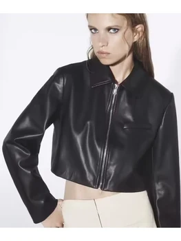 TRAF Осенние модные женские куртки из искусственной кожи 2023, винтажное шикарное пальто с длинными рукавами, женская мотоциклетная куртка на молнии, Новая верхняя одежда