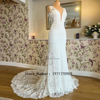 Простые Белые свадебные платья с глубоким V-образным вырезом Для женщин С перекрестными ремешками и кружевной аппликацией в виде русалки Элегантные Свадебные платья Vestido De Novia 2023
