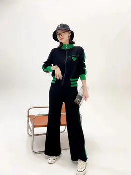 snva.me Высококачественный модный повседневный комплект контрастного цвета, новинка 2023 года, утягивающий кардиган на молнии, верхняя одежда, широкие брюки, комплект из двух предметов