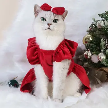 Рождественское платье для домашних кошек, одежда для собак, платье-комбинация для собак, пальто, платье, Красная юбка, костюм для домашних кошек, Теплое платье, юбка с бантом, костюм для домашних животных
