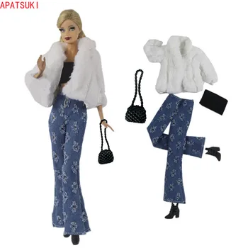 Белое пальто из искусственного меха, комплект одежды для куклы Барби, модный топ, брюки, обувь, сумка для кукол Barbie 1/6, аксессуары и игрушки для кукол.