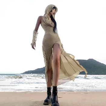 Сетчатое платье Миди без рукавов с капюшоном, Летние пляжные Y2K, сексуальные вечерние платья с разрезом, модные наряды, Ретро Сексуальное облегающее длинное платье