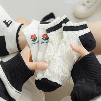Женские летние хлопчатобумажные носки, дышащие черно-белые короткие носки с цветочным принтом, японский стиль, Кавайные носки до щиколотки с глубоким вырезом, женские носки Sox