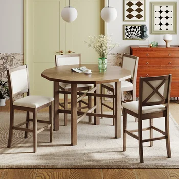 Обеденный стол из 5 предметов из каучукового дерева, стол неправильной формы с 4 стульями с высокой спинкой, мягкая мебель для ресторана