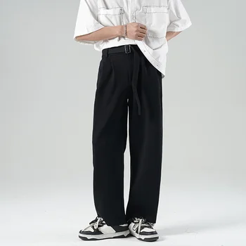 Черные брюки для костюма с поясом, мужские Модные Светские Мужские брюки, Корейские Свободные Прямые Широкие брюки, Мужские Офисные Официальные брюки