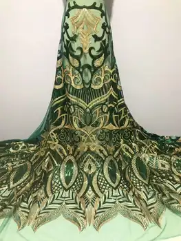 2023 Роскошная африканская зелено-золотая кружевная ткань с 3D блестками, 5 ярдов, материал для свадебной вечеринки, Вышитое французское кружево, сшитое своими руками платье