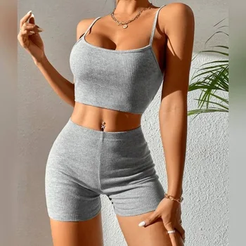 Новые женские шорты, комплекты для фитнеса, комплект из двух предметов, леггинсы для бега, спортивные тонкие Сексуальные короткие брюки на подтяжках, бесшовный костюм для йоги