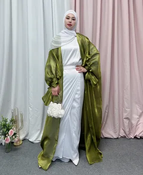 Ид Лето Абая Кимоно С Пышными Рукавами Блестящее Шелковистое Атласное Мусульманское Платье-Хиджаб Турция Открытые Абаи для Женщин Дубайский Кафтан Исламский Наряд