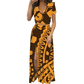 Женское платье с оранжевым Тотемом в полинезийском племени, V-образный вырез, короткий рукав, Женские вечерние платья из 2 предметов, Новое поступление, 2020