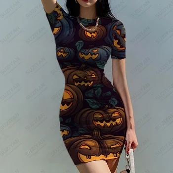 Летнее женское обтягивающее платье с 3D-принтом в виде тыквы на Хэллоуин, темпераментное, удобное платье, полное офисное платье