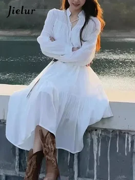 Французские белые Тонкие шикарные шифоновые женские платья на шнуровке, Однотонное модное платье с поясом, однобортное женское платье с длинными рукавами