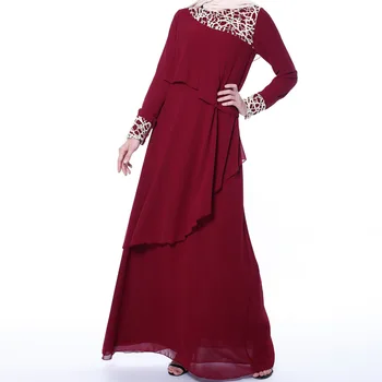 Длинное шифоновое платье для женщин, Модное кружевное элегантное платье в стиле пэчворк с нерегулярными воланами, Дубай, Турция, мусульманское платье, исламская одежда