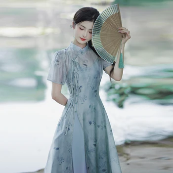 Новый шелковый льняной халат в китайском стиле, юбка на бретельках, платье в стиле 