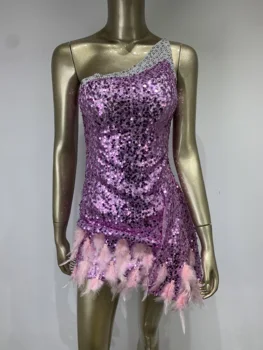 2023 Новые Женские Летние Сексуальные косые плечи, Розовые блестки, бусины, Розовая мини-юбка из перьев, Элегантное вечернее платье, облегающее вечернее платье